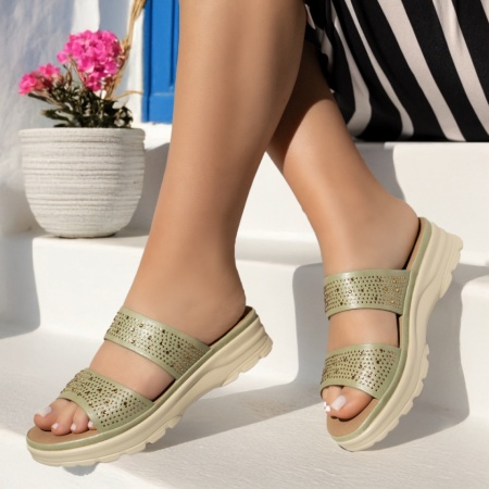 Papuci casual dama cu pietre aplicate verzi ZEF13505