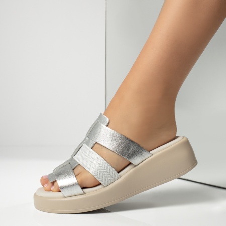 Papuci casual dama cu platforma argintii din Piele naturala ZEF13625, 2, zeforia.ro
