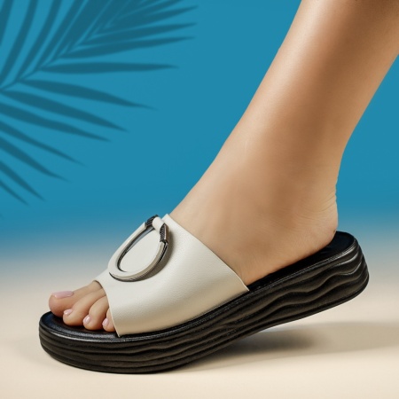 Papuci casual dama cu talpa joasa si accesoriu metalic bej MIA6, 2, modlet.ro