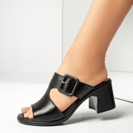 Papuci casual dama cu toc gros negri din Piele naturala MOD13734, 3, modlet.ro