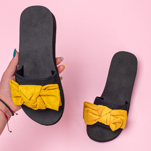 Papuci dama cu platforma din textil cu funda galbena MOD05046, 2, modlet.ro