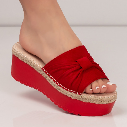 Papuci si slapi dama, Papuci dama rosii cu platforma din textil ZEF05356 - zeforia.ro