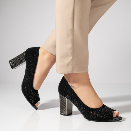 Sandale cu toc gros dama si strasuri negre suede MOD11469