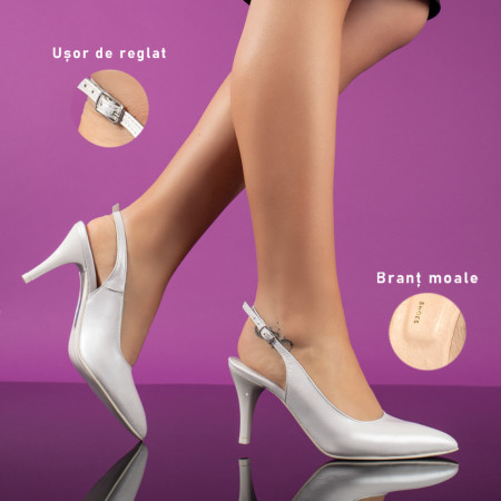 Sandale cu toc subtire albe sidef dama din Piele naturala MOD11259, 3, modlet.ro