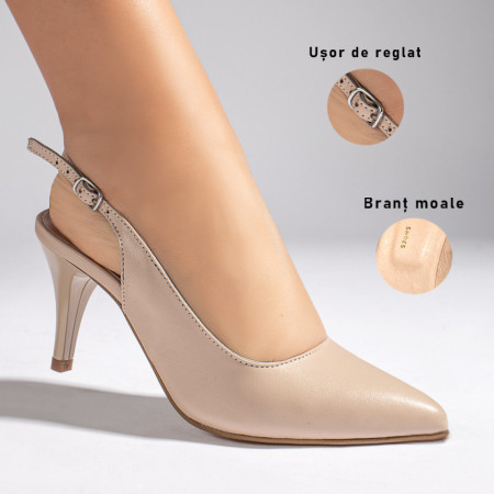 Sandale cu toc subtire bej dama din Piele naturala MOD11259, 3, modlet.ro