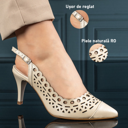 Sandale dama bej perforate cu toc subtire din Piele naturala MOD11307, 3, modlet.ro