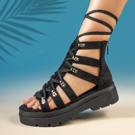 Sandale dama, Sandale dama cu platforma si fermoar negru suede MOD13728, modlet.ro
