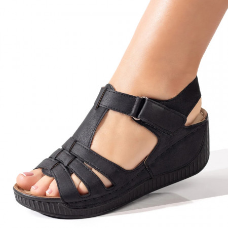 Sandale dama, Sandale dama cu platforma si scai negre cu galben MOD03958, modlet.ro