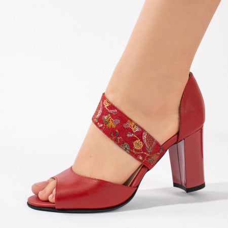 Sandale cu toc gros, Sandale dama cu toc gros rosii cu imprimeu din Piele naturala ZEF08912 - zeforia.ro