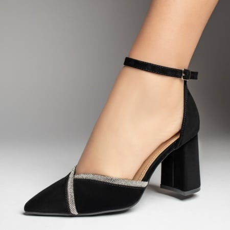 Sandale dama cu toc gros si strasuri aplicate negre ZEF13538