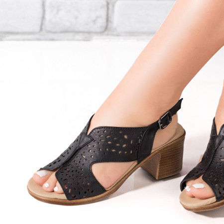 Sandale cu toc, Sandale dama cu toc negre din Piele naturala MOD09610, modlet.ro