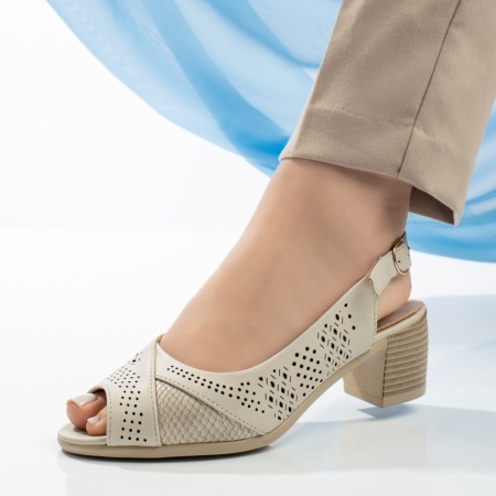 Sandale cu toc, Sandale dama cu toc si bareta bej MOD13341, modlet.ro