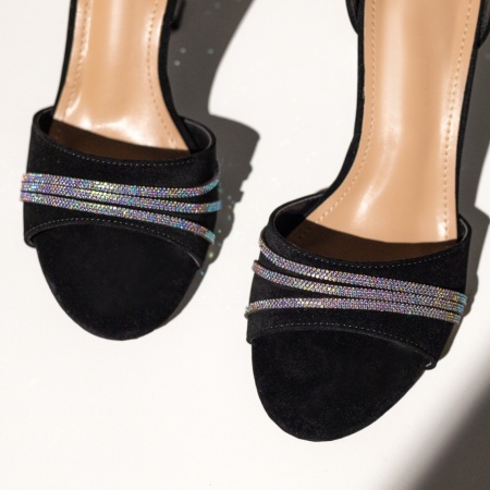 Sandale dama cu toc si pietre aplicate negru suede LIA17, 3, modlet.ro