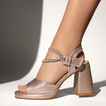 Sandale cu toc, Sandale dama cu toc si strasuri aplicate auriu sidefat MOD13502, modlet.ro
