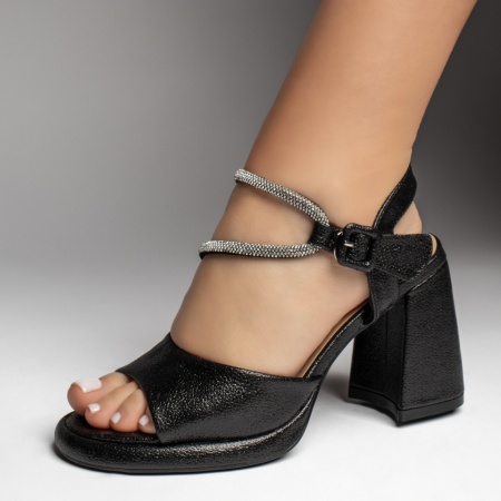 Sandale cu toc, Sandale dama cu toc si strasuri aplicate negru sidefat MOD13502, modlet.ro