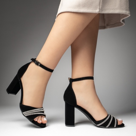 Sandale dama negre cu toc gros si aplicatie cu pietre ZEF13536, 3, zeforia.ro