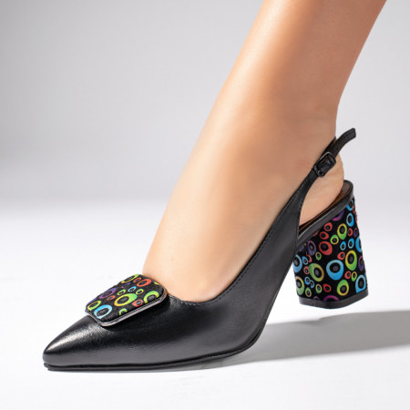 Sandale cu toc, Sandale negre dama cu toc gros si accesoriu MOD11258, modlet.ro