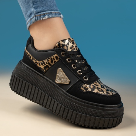 Sneakers dama cu accesoriu decorativ si imprimeu negri MOD13440, 4, modlet.ro