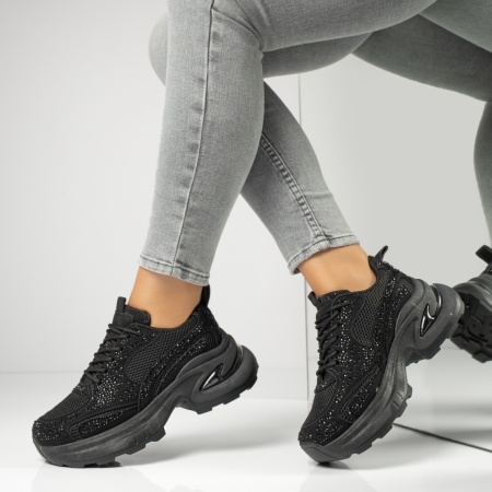 Sneakers dama cu talpa groasa si pietre aplicate negri MOD13949
