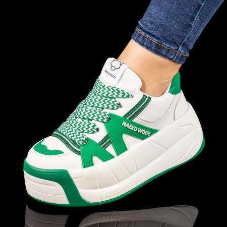 Plateste Jumatate!, Tenisi cu talpa groasa dama albi cu verde MOD10009, modlet.ro