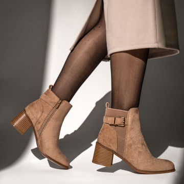 Botine dama, Bo0tine dama cu toc gros khaki suede MOD12643, modlet.ro