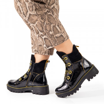 Bocanci dama din Piele naturala lacuita negri cu galben MOD0392, 2, modlet.ro
