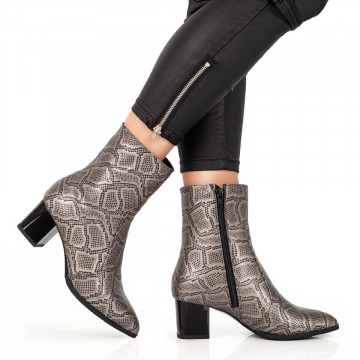 Botine cu toc dama gri cu print din Piele naturala MOD07592, 4, modlet.ro
