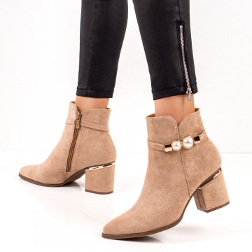 Botine dama cu accesoriu metalic si toc gros khaki MOD06700, 2, modlet.ro