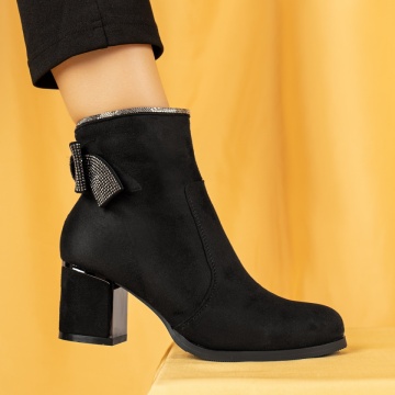 Botine dama, Botine dama cu fundita si toc gros negru suede MOD14085, modlet.ro