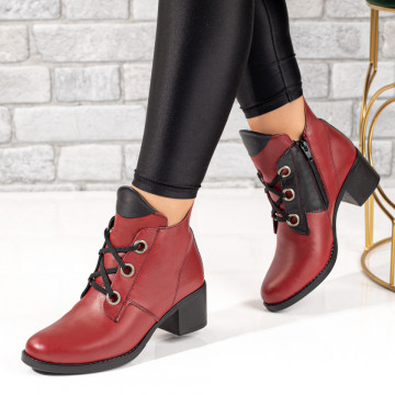 Botine dama cu siret si toc gros visinii din Piele naturala MOD10369, 3, modlet.ro