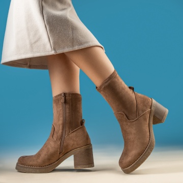 Botine dama, Botine dama cu toc gros maro suede MOD14064, modlet.ro