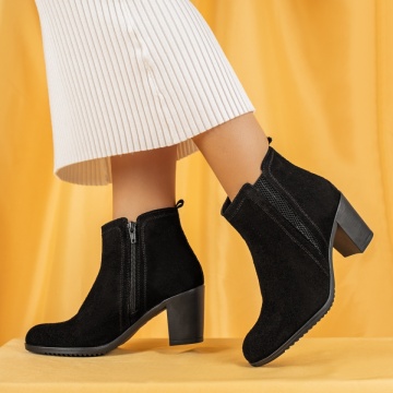 Botine dama, Botine dama cu toc gros negru suede din Piele naturala MOD05667, modlet.ro