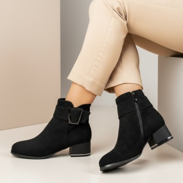Botine dama cu toc gros negru suede MOD06655