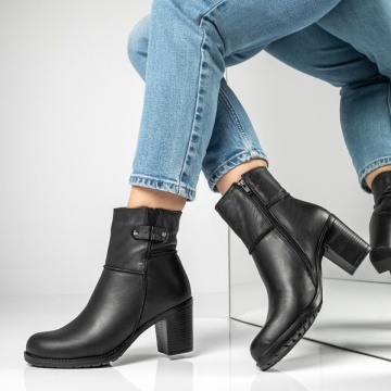 Botine dama cu toc gros si fermoar negre din Piele naturala MOD12601, 2, modlet.ro