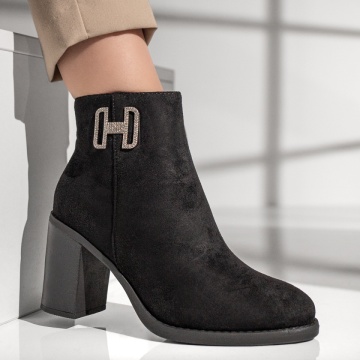Botine dama cu toc gros si fermoar negru suede MOD12793, 3, modlet.ro