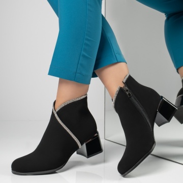 Botine dama cu toc gros si strasuri aplicate negru suede MOD12594, 2, modlet.ro