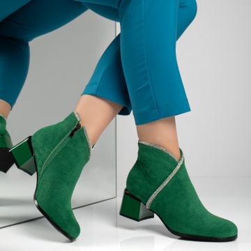Botine dama cu toc gros si strasuri aplicate verde suede MOD12594, 4, modlet.ro