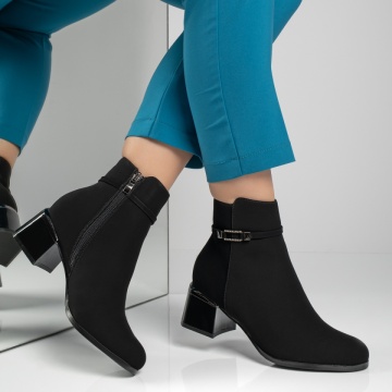 Botine dama cu toc si accesoriu decorativ negru suede MOD12595, 4, modlet.ro
