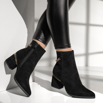 Botine dama cu toc si accesoriu decorativ negru suede MOD12633, 3, modlet.ro
