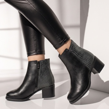 Botine dama cu toc si imprimeu negre din Piele naturala BIA31, 2, modlet.ro