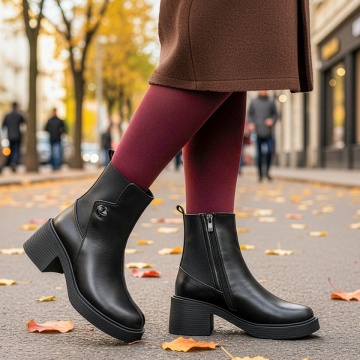 Cizme dama cu toc gros si insertie de material elastic negre din Piele naturala MOD14072, 3, modlet.ro