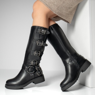 Cizme lungi dama cu catarame negre MOD12809, 2, modlet.ro
