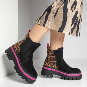 Ghete dama cu print negru cu roz suede MOD12262, 3, modlet.ro