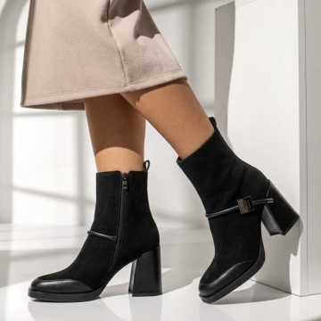 Ghete dama cu toc gros si fermoar negru suede din Piele naturala MOD14053, 3, modlet.ro