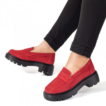 Mocasini dama cu talpa groasa din Piele naturala rosii suede MOD09889, 3, modlet.ro
