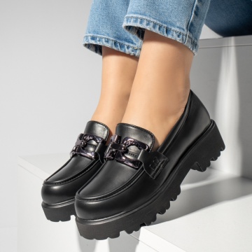 Pantofi casual cu talpa groasa si accesoriu metalic negri MOD13247, 3, modlet.ro
