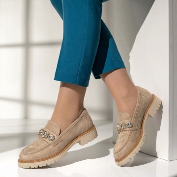 Pantofi casual dama cu accesoriu metalic bej suede LILI22, 2, modlet.ro