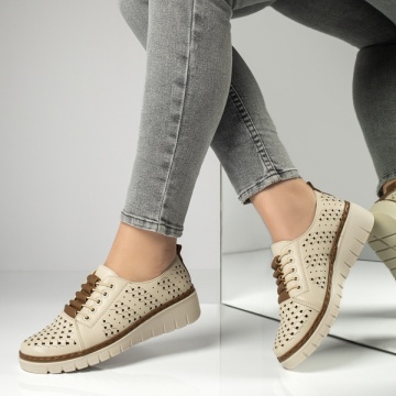 Pantofi casual dama cu perforatii bej cu khaki MOD13155, 4, modlet.ro
