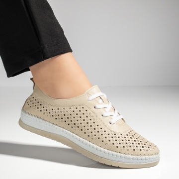 Pantofi casual dama cu perforatii bej din Piele naturala MOD13302, 3, modlet.ro