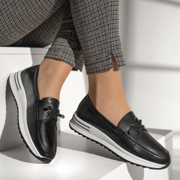 Pantofi casual dama cu siret elastic si perforatii negri MOD13112, 3, modlet.ro